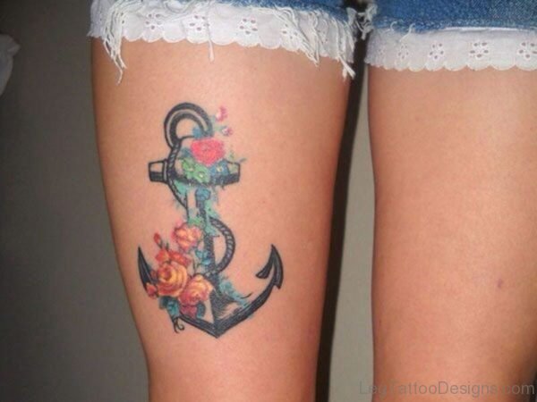 Colorful Anchor Tattoo On Thigh