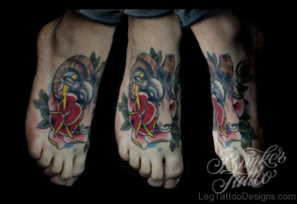 Colorful Aries Foot Tattoo