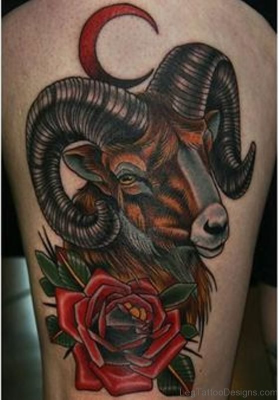 Colorful Aries Thigh Tattoo