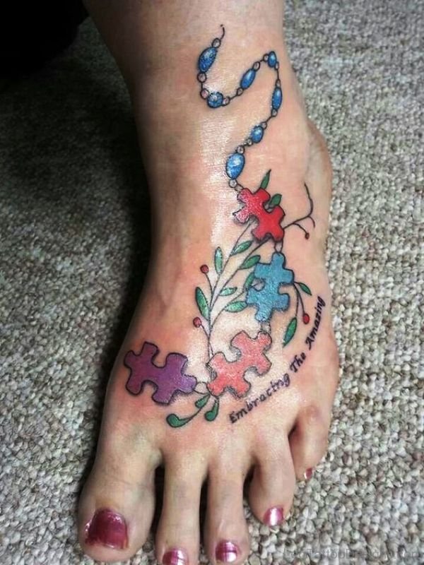 Colorful Autism Tattoo On Foot