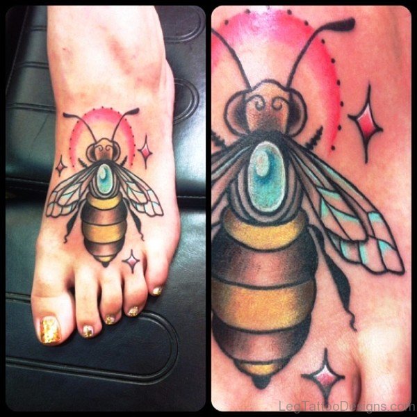 Colorful Big Bee Tattoo On Foot