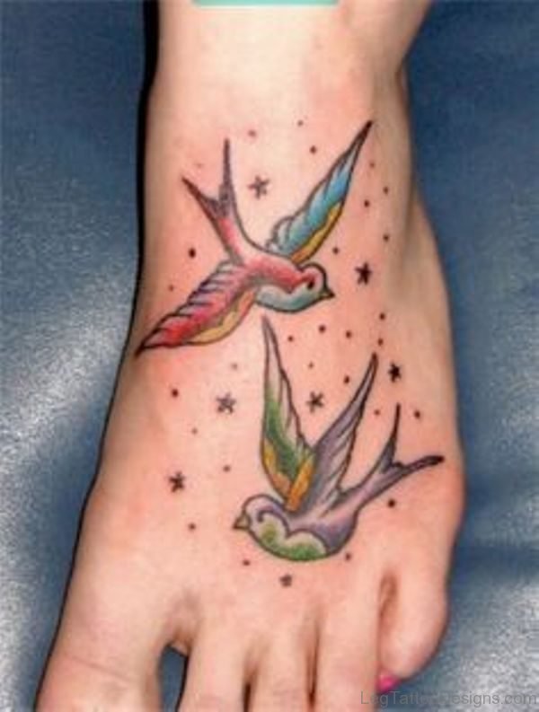 Colorful Bird Tattoo On Foot