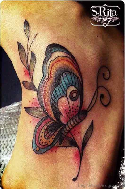 Colorful Butterfly Tattoo On Foot