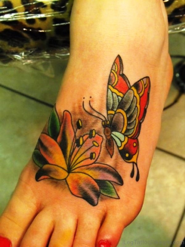 Colorful Butterfly With Flower Tattoo