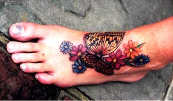 Colorful Butterfly With Flowers Tattoo