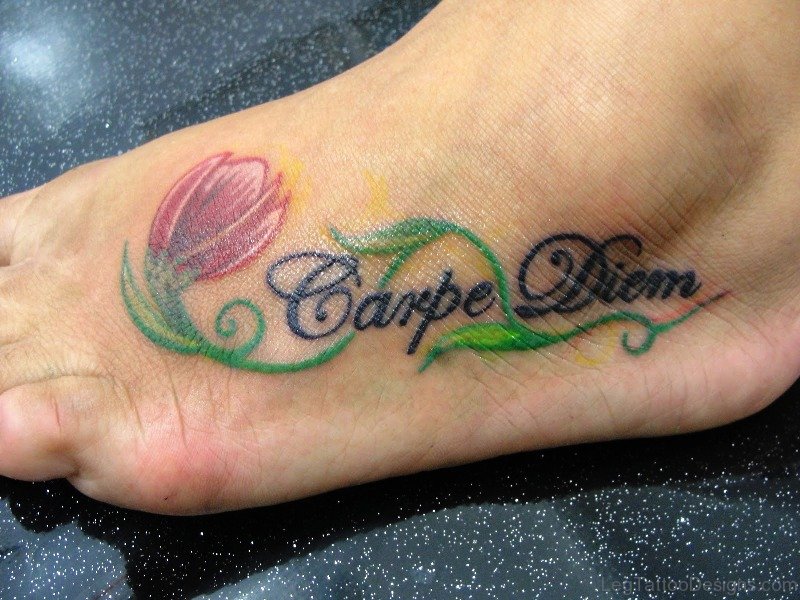 Colorful Carpe Diem Tattoo On Foot