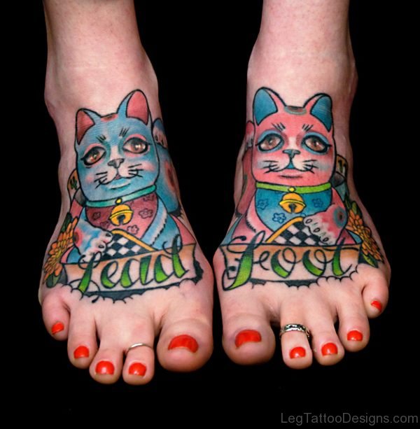 Colorful Cats Tattoo On Feet