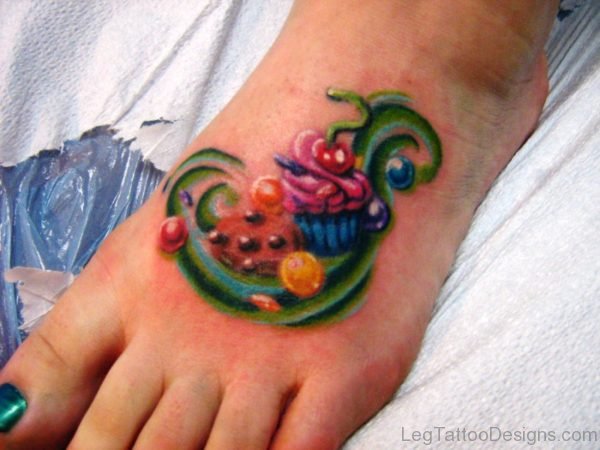 Colorful Cupcake Tattoo On Foot