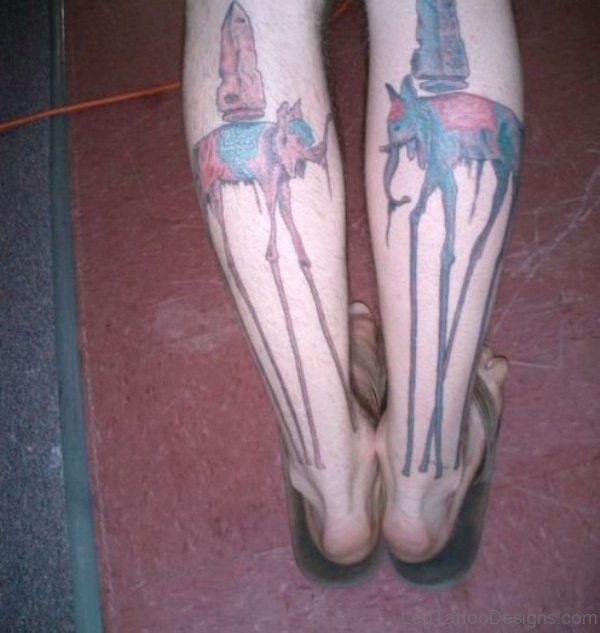 Colorful Dali Elephant Tattoo On Leg