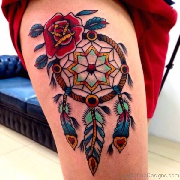 Colorful Dreamcatcher Tattoo On Thigh