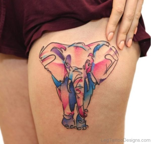 Colorful Elephant Tattoo On Thigh