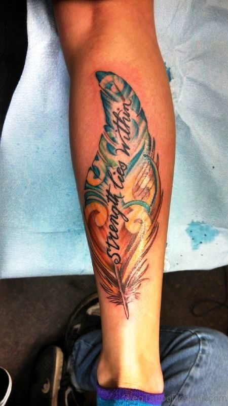 Colorful Feather Tattoo On Calf