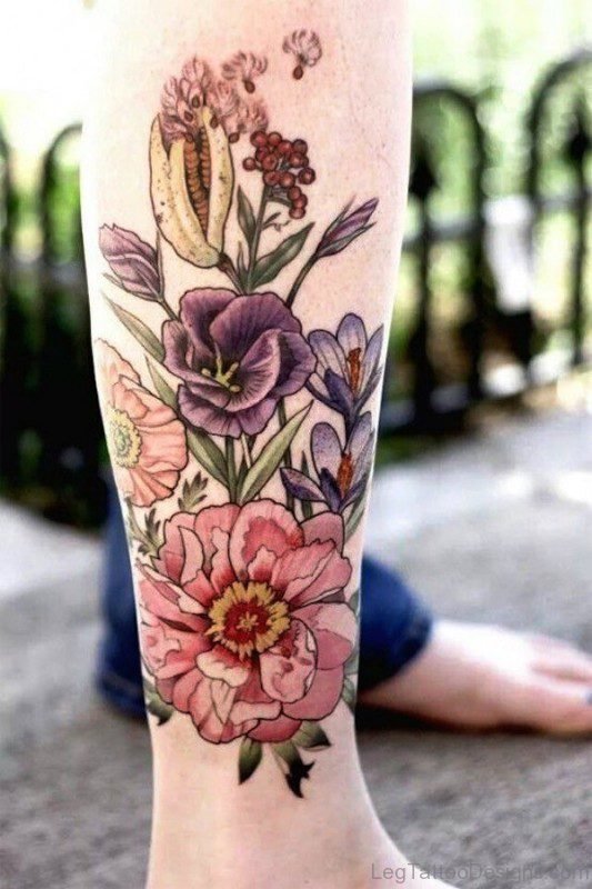Colorful Flowers Tattoo On Calf