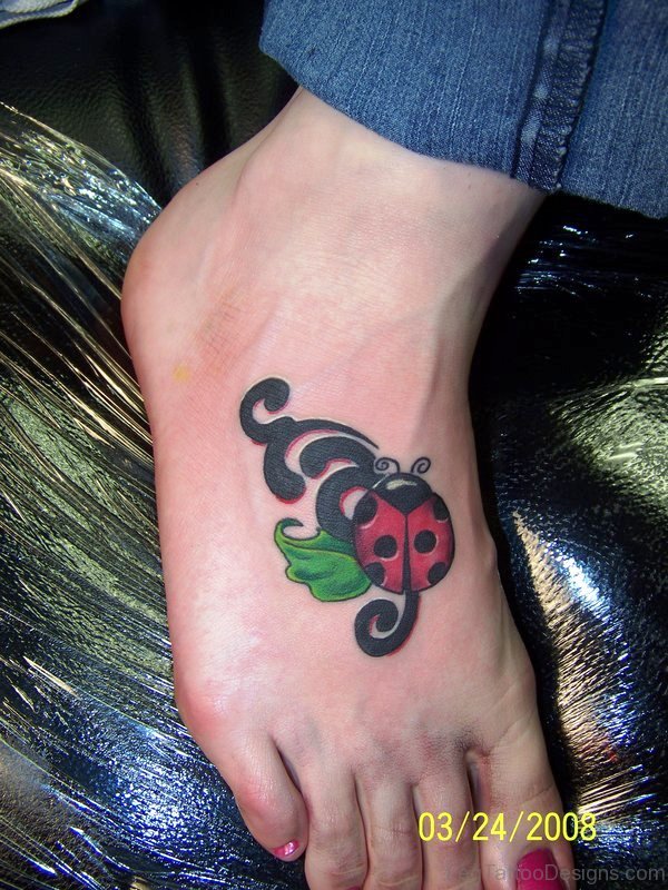 Colorful Ladybug Tattoo On Foot