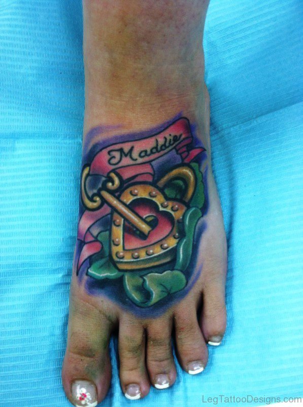 Colorful Lock Heart Tattoo On Foot