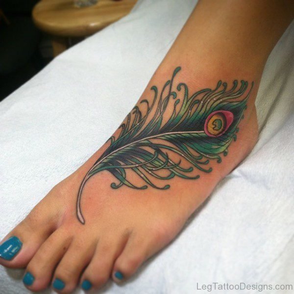 Colorful Peacock Tattoo On Foot
