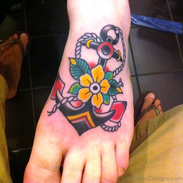 Colorful Traditional Anchor Tattoo With Flower