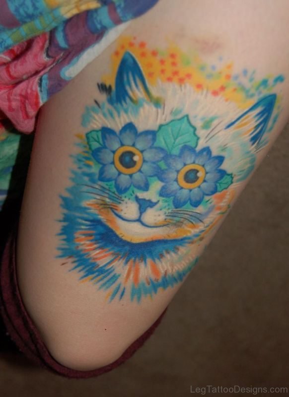 Cool Blue Cat Tattoo On Thigh