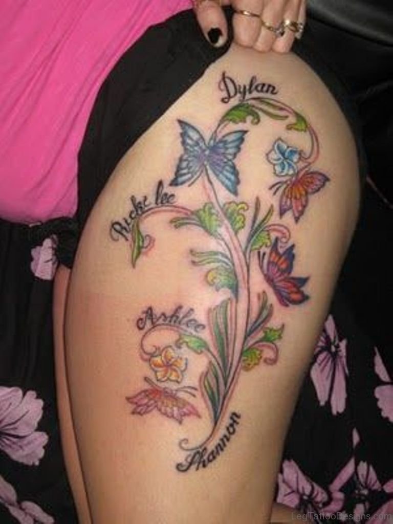 Beautiful Colorful butterfly thigh tattoo