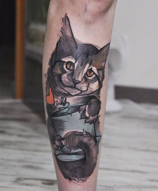 Cool Cat Tattoo On Leg
