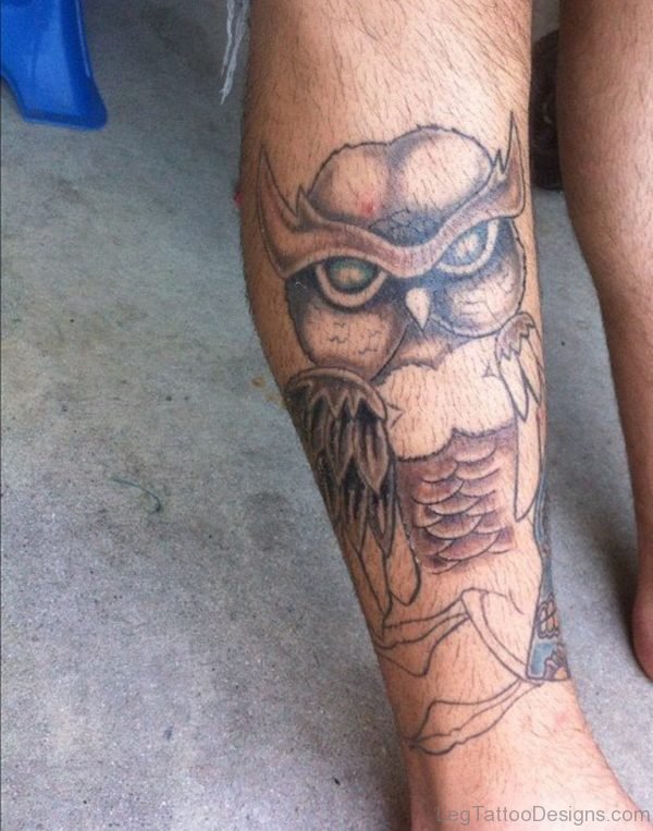 Cool Owl Tattoo On Leg