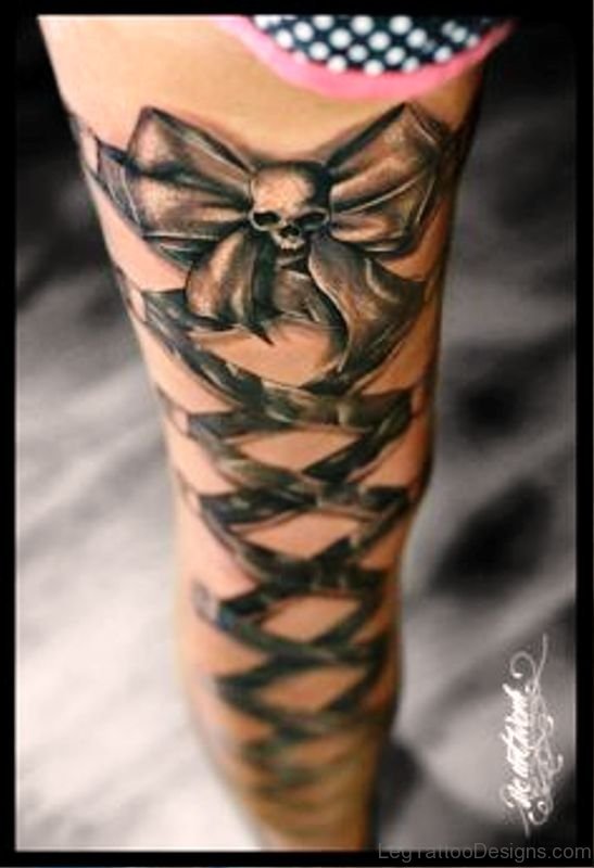 Corset Tattoo With Skull And Ribbon
