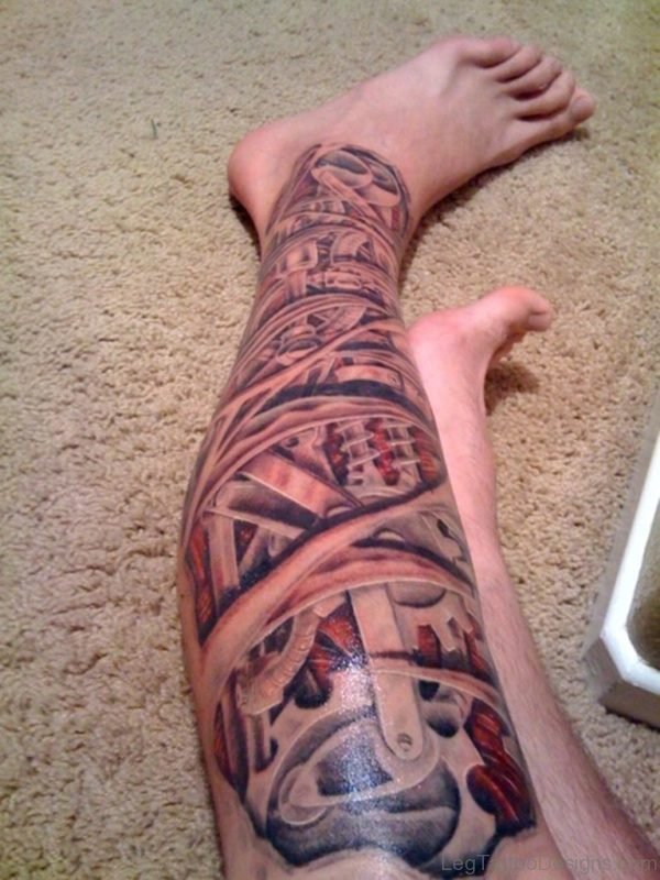 Crazy Grey Ink Biomechanical Leg Tattoo