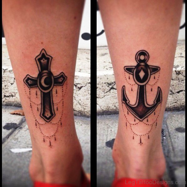 Cross And Anchor Tattoo On Leg