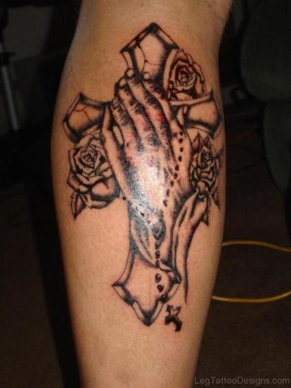 Cross And Praying Hands Tattoo On Leg