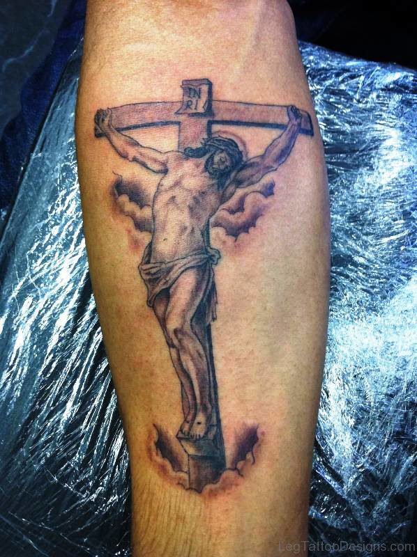Cross Jesus Tattoo On Leg
