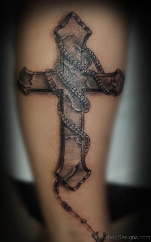 Cross Rosary Grey ink Tattoo On Leg