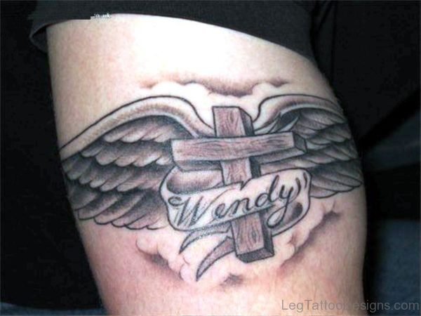 Cross With Wings Tattoo On Leg