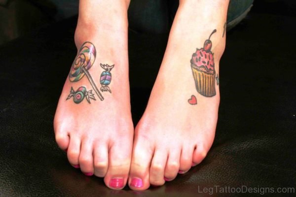 Cupcake Tattoo With Candies On Feet