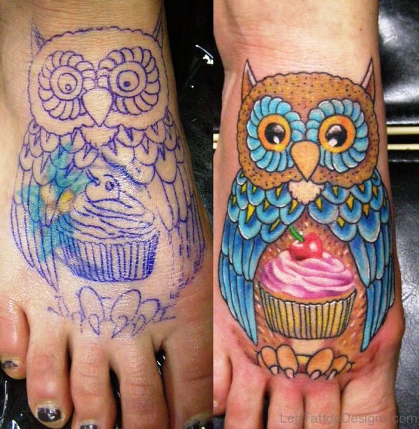 Cupcake With Owl Tattoo On Foot