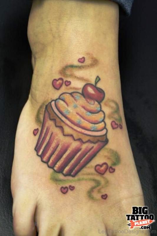 Cupcake With Small Hearts Tattoo On Foot