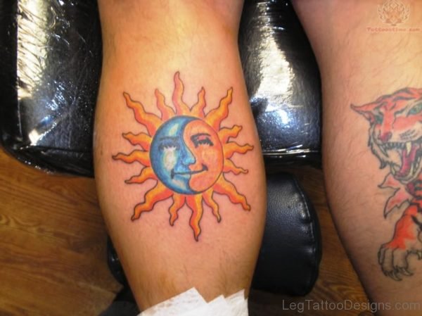 Custom Sun Tattoo On Calf
