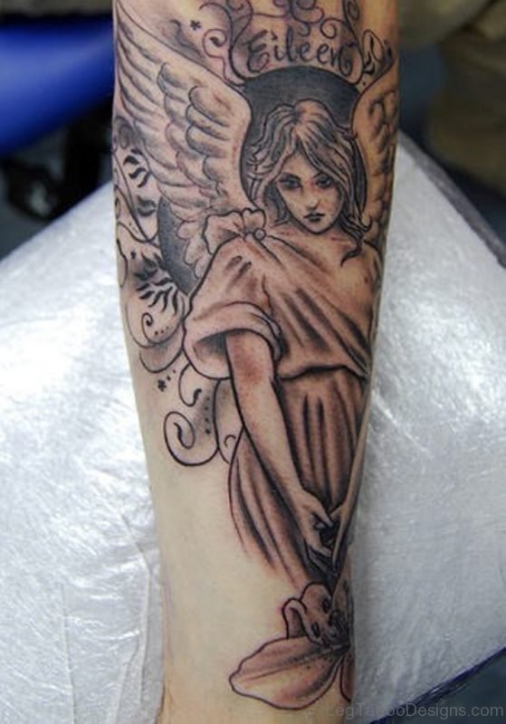 Cute Angel Tattoo Design On Leg