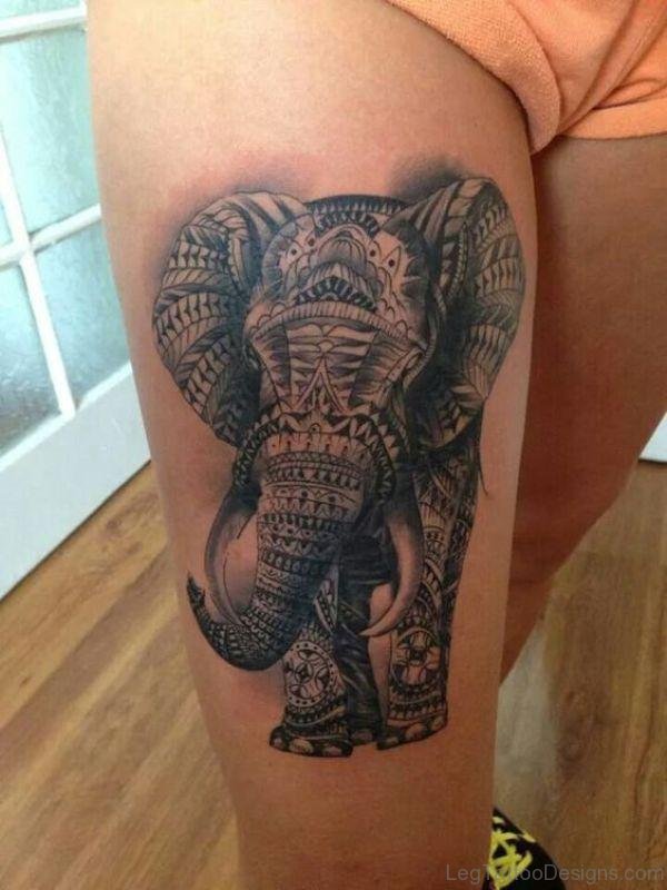 Cute Black Elephant Tattoo On Thigh