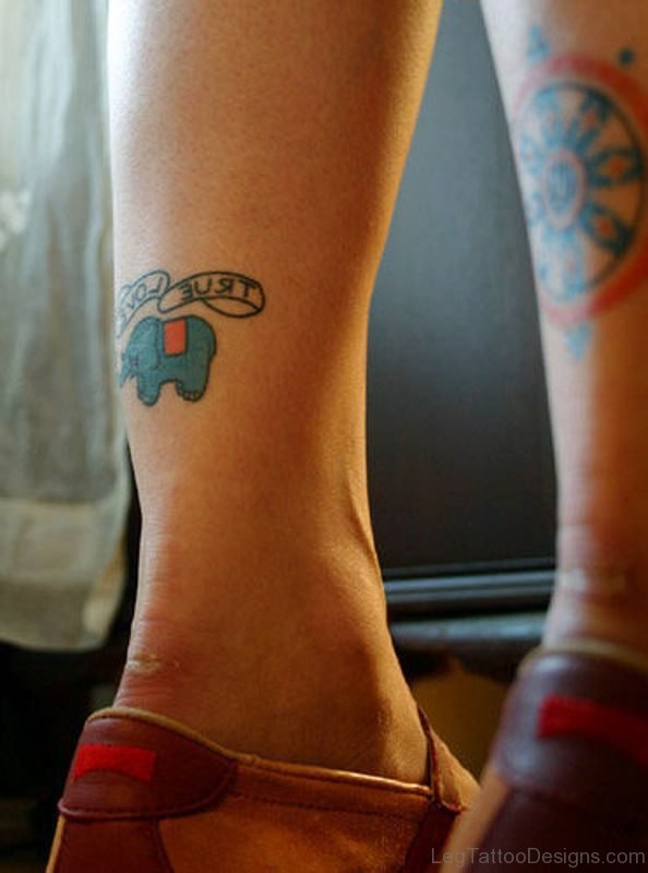 Cute Blue Elephant Tattoo On Leg