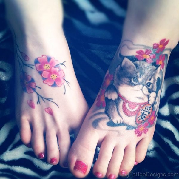 Cute Cat With Flowers Tattoo On Foot