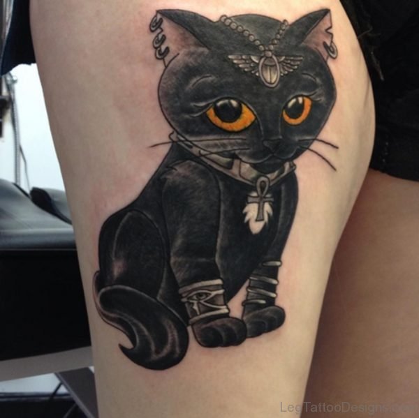 Cute Egyptian Cat Tattoo On Thigh
