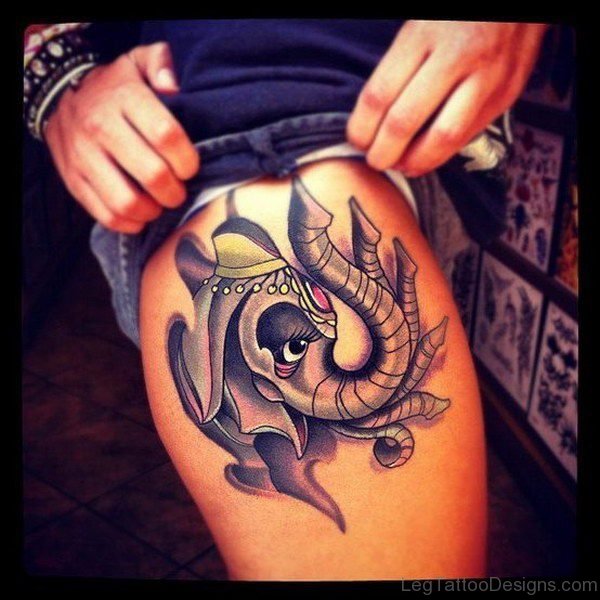 Cute Elephant Tattoo On Thigh