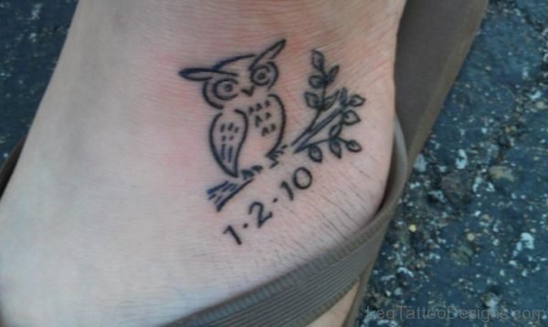 Cute Owl And Date Tattoos On Foot