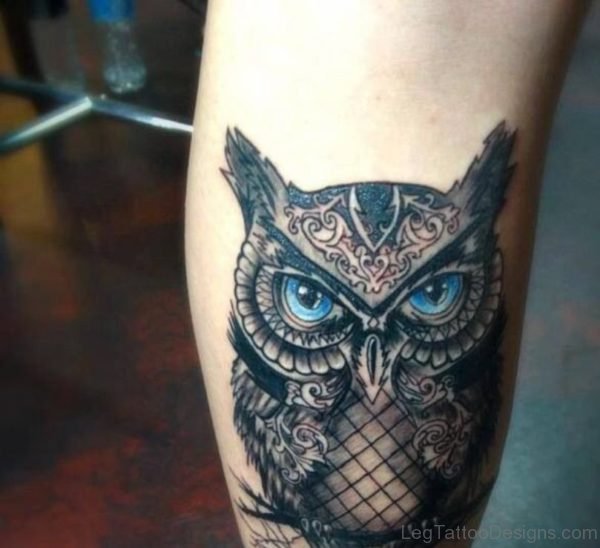 Cute Owl Tattoo On Leg