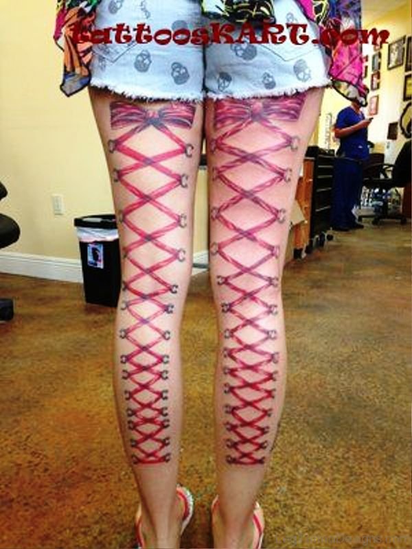 Dazzling Corset Tattoos On Both Legs