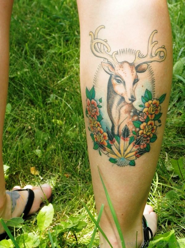 Deer Tattoo With Flowers On Calf