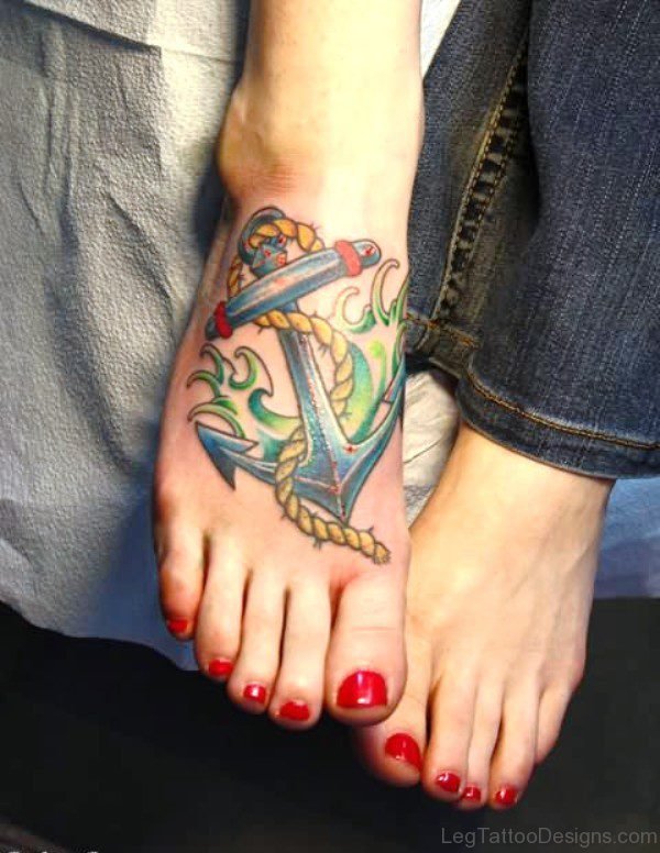 Delightful Colorful Anchor Tattoo On Foot