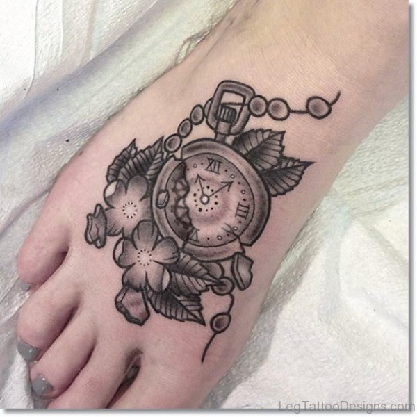 Designer Clock Tattoo On Foot