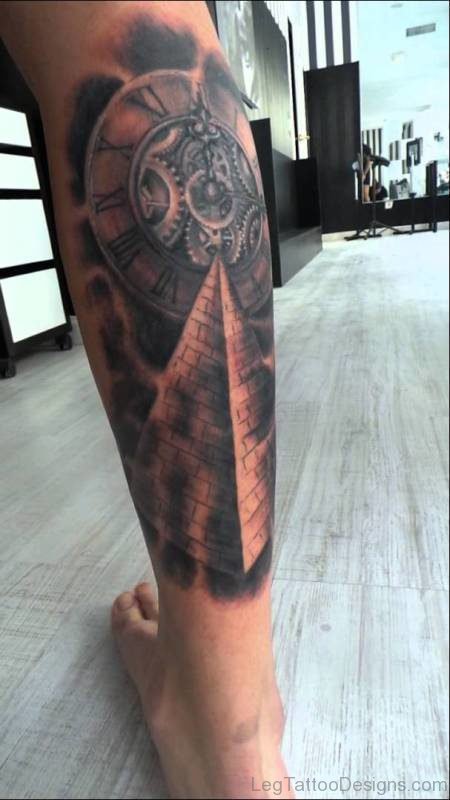 Designer Clock Tattoo On Leg