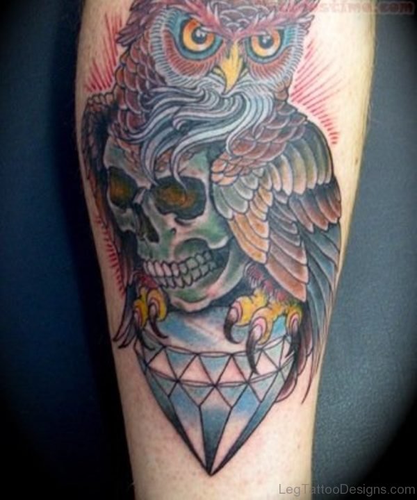 Diamond And Owl Tattoo On leg